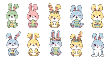 Obraz premium Collection of adorable cartoon easter bunnies holding colorful eggs on a white background