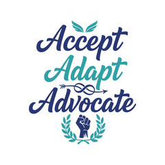 The vector art shows the words accept, adapt, and advocate written in different fonts with wings, arrow and fist illustrations on a white background.