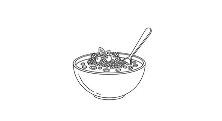 Hand drawn bowl of healthy oatmeal porridge with berries minimalist style line art