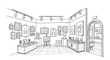 Fototapeta premium Hand drawn art gallery interior illustration featuring artwork and decorative elements with a