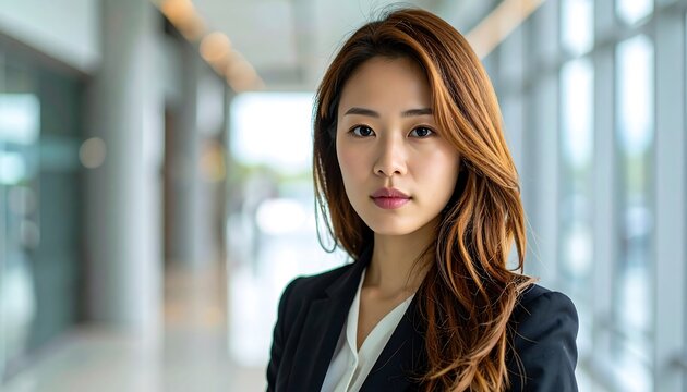 Confident Asian businesswoman in a modern office setting, exuding professionalism.