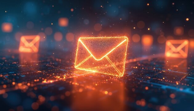 Glowing envelope icon floats over tech circuit board. Symbol represents electronic communication. Cyber mail delivery concept for email marketing. Visualisation of online message transmission with