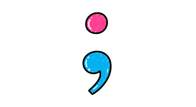 Playful punctuation mark, a semicolon illustrated with vibrant pink and blue hues