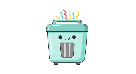 Delightful cartoon rice cooker with a cute smile and vibrant steam emanating from within its