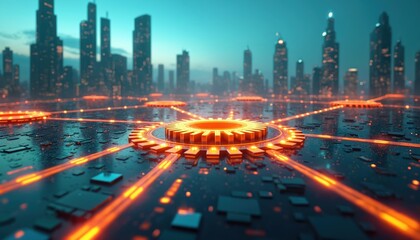 Fototapeta premium Digital network connects glowing gears and circuits on wet city ground. Futuristic skyscrapers rise in background under twilight sky, symbolizing tech progress and urban infrastructure.