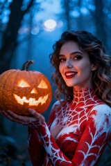 Sexy spiderweb witch body paint costume in red and white with pumpkin. Fantasy halloween makeup look in a creepy foggy forest.