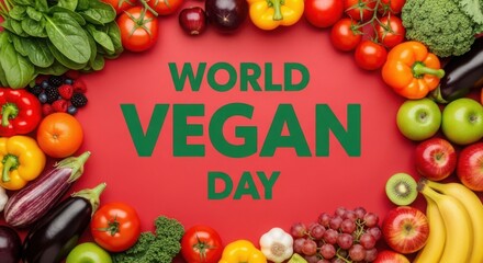 World vegan day surrounded by a vibrant assortment of fresh fruits and vegetables