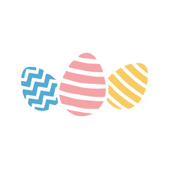 Three Easter eggs are shown together with modern geometric patterns, indicating a spring theme in a festive arrangement.