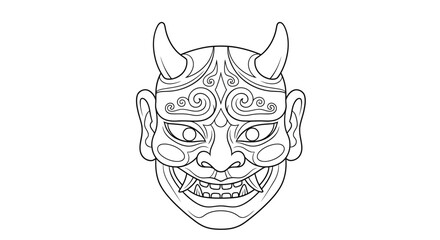 Detailed depiction of an oni mask with sharp fangs and decorative head designs illustration