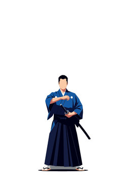 Flat Vector Illustration of Japanese Samurai With Katana