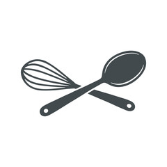 Spoon and whisk are placed across each other, representing tools that are used in the preparation of cooking and baking process.