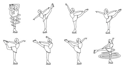 Elegant ice skater poses in monochromatic line art showcasing balletic movement and grace