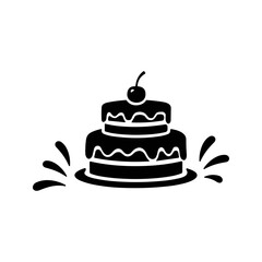 Two-tier cake decorated with frosting and a cherry stands on a plate, designed as a minimalistic black and white style icon.