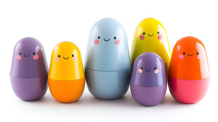 Colorful Kawaii Nesting Dolls Smiling Adorable Faces Cute Toys Grouped Together Playful Childlike Fun Collectible Pastel Colors Cheerful Kids Room Decor Decorative Dolls Set Isolated White Background