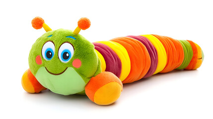 Caterpillar Plush Toy Brightly Colored Smiling Stuffed Animal with Segmented Body Soft and Huggable Caterpillar Toy for Kids Colorful Playtime Fun on White Background Long Plush Worm Pillow