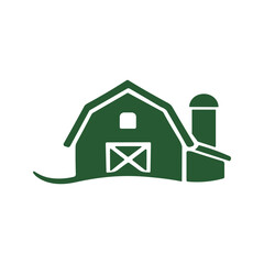 A minimal vector icon shows a barn and silo connected on the right, and both structures are outlined in white on a green field. © Studicon
