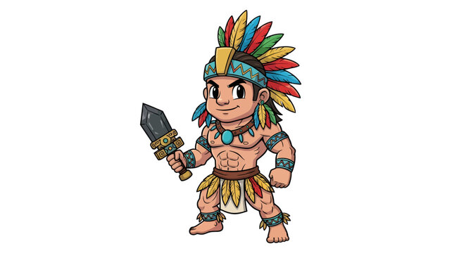 Cartoon Aztec warrior with colorful feather headdress and a decorative stone sword ready for battle
