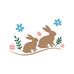 This simple illustration shows two brown bunnies with a pink egg, surrounded by flowers and greenery on a white background.