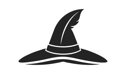Stylized silhouette of a witch hat with a feather accent