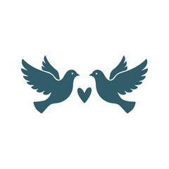 Illustration shows two teal bird silhouettes facing each other with a heart shape between them on a white background.