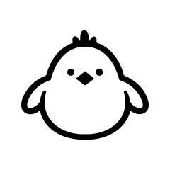 Simple stylized illustration of a chick with a round body and small crest is featured in black and white on a white background.