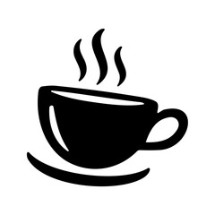 Coffee cup with three steam lines is placed on a saucer, and it is presented in a black vector graphic on white backdrop.