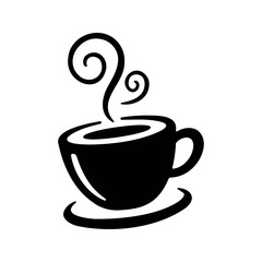 A cup of coffee with steam sits on a saucer and is isolated on a white background in a black silhouette.