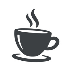 A minimalist drawing depicts a steaming cup of coffee resting on a saucer, isolated on a white background.