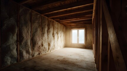 Interior of an unfinished room under construction featuring spray foam insulation wooden framing and natural light from a window
