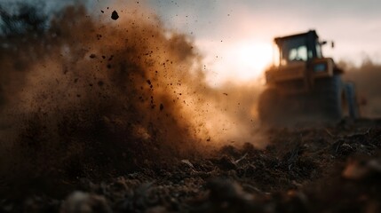 Heavy bulldozer actively plows through the soil creating a dramatic cloud of dust and debris during a warm sunset
