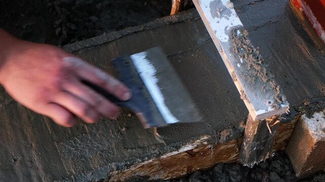A construction worker smooths wet concrete with trowel in formwork on a building site. Smoothing to create a flat surface. Professional hand work with foundation. High quality 4K footage.