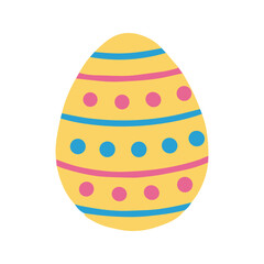 A decorated egg with yellow background and pink and blue ornaments lies on a white background, suggesting springtime motifs.