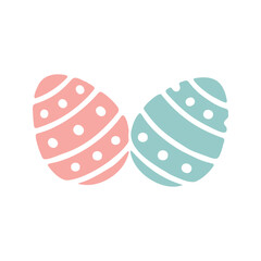Two decorated easter eggs in pastel colors lay side by side on a white background for the spring holiday celebration.