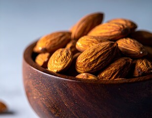 Close-up of roasted almonds in a dark wooden bowl on a textured surface, captured with natural light and shallow depth of field. Perfect for healthy food, snack, and organic nutrition concepts.
