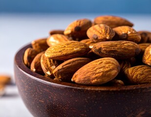 Close-up of roasted almonds in a dark wooden bowl on a textured surface, captured with natural light and shallow depth of field. Perfect for healthy food, snack, and organic nutrition concepts.
