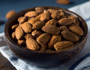 Close-up of roasted almonds in a dark wooden bowl on a textured surface, captured with natural light and shallow depth of field. Perfect for healthy food, snack, and organic nutrition concepts.
