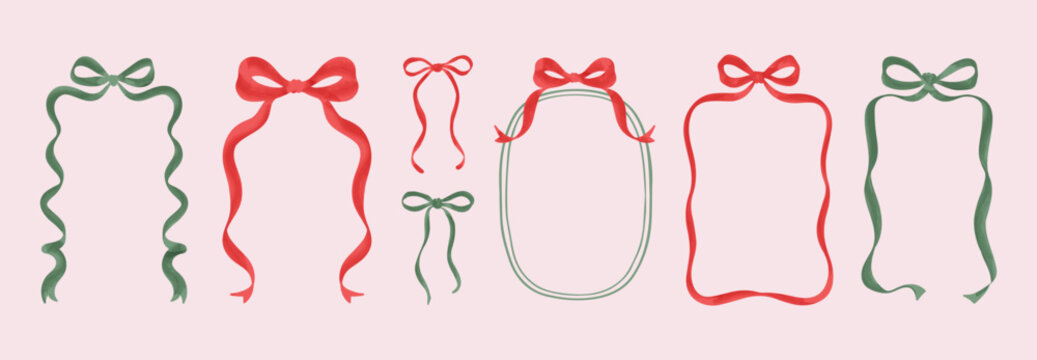 Christmas artistic frames with bow and ribbon in trendy retro hand drawn doodle style for design and decoration of card, poster, banner and invitation. New Year holiday frame design vector collection.
