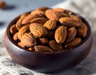 Close-up of roasted almonds in a dark wooden bowl on a textured surface, captured with natural light and shallow depth of field. Perfect for healthy food, snack, and organic nutrition concepts.
