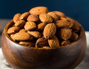 Close-up of roasted almonds in a dark wooden bowl on a textured surface, captured with natural light and shallow depth of field. Perfect for healthy food, snack, and organic nutrition concepts.
