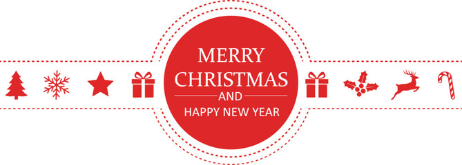 Naklejka premium Festive Christmas and Happy New Year greeting card with red circle and holiday icons.