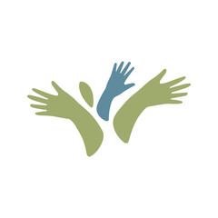 A graphic shows two green and one blue hand reaching up, representing connection and collaborative spirit on a white backdrop.
