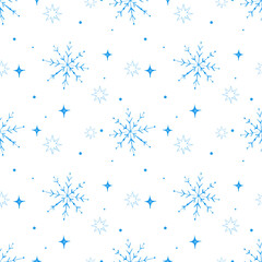 Seamless Christmas pattern with blue snowflakes. Cute new year background. Vector illustration for design wrapping paper, wallpaper, textile