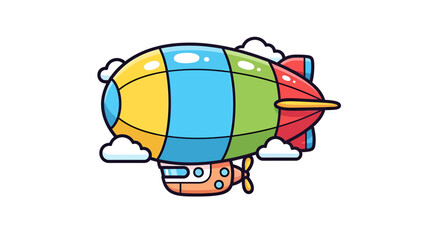 Whimsical cartoon airship soaring through fluffy clouds on white background, a cheerful voyage