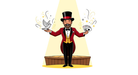 Whimsical magician in spotlight with dove and cards conjuring wonder for audience