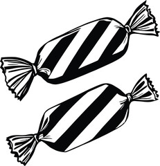 Monochrome Illustration of Two Wrapped Candies with Diagonal Stripes and Twisted Ends Depicted in a Classic Minimalist Confectionery Style