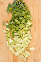 An overhead shot features a pile of freshly chopped leeks, showing a gradient from dark green tops to pale white bottoms, spread on a light wooden cutting board