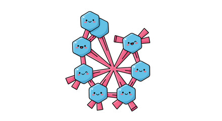 Whimsical molecular structure featuring cartoon hexagons with cheerful expressions connection