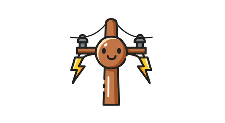 Whimsical power pole with a happy face, radiating electrical energy sparks illustration
