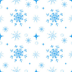 Seamless Christmas pattern with blue snowflakes. Cute new year background. Vector illustration for design wrapping paper, wallpaper, textile