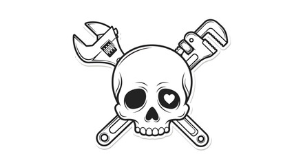 Whimsical skull and wrenches emblem design with heart-shaped eye symbol construction